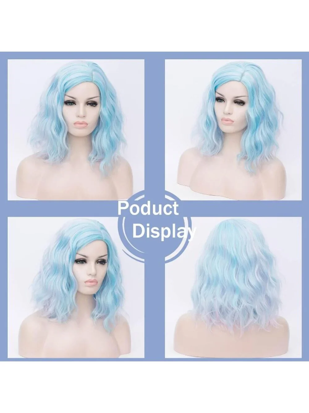 Women's 14 Inch Blue Wavy Bob Wig Short Curly Synthetic Heat Resistant